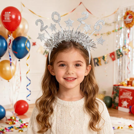 Happy New Year 2026 Headband – Silver Star Glitter Hair Band for Party