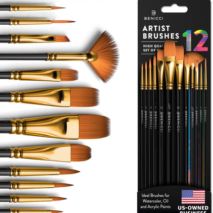 12Pcs Professional Artist Paint Brush Set for Watercolor Oil Acrylic Painting