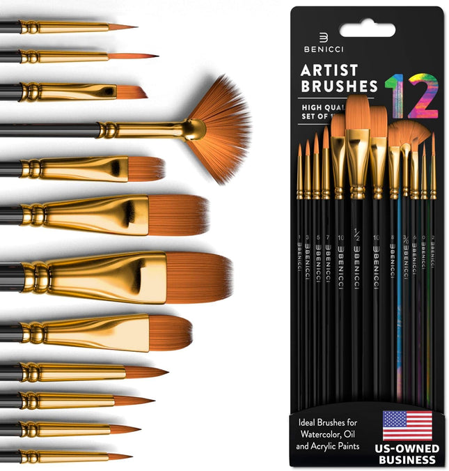 12Pcs Professional Artist Paint Brush Set for Watercolor Oil Acrylic Painting