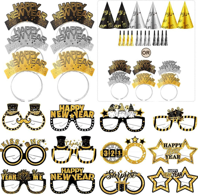 2026 New Years Eve Party Decorations – Glasses, Headbands & Cone Hats