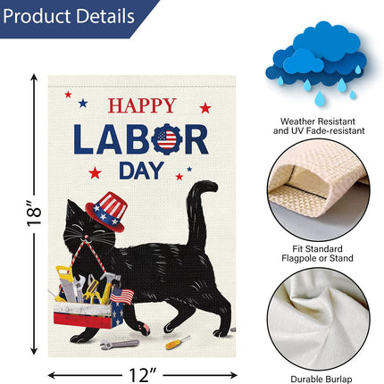 Happy Labor Day Black Cat Garden Flag 12x18 Double Sided Burlap Flag Only