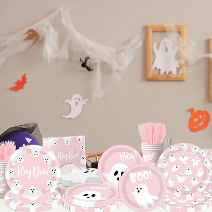 144-Piece Pink Halloween Ghost Plates & Napkins Set, Cute Boo Party Tableware