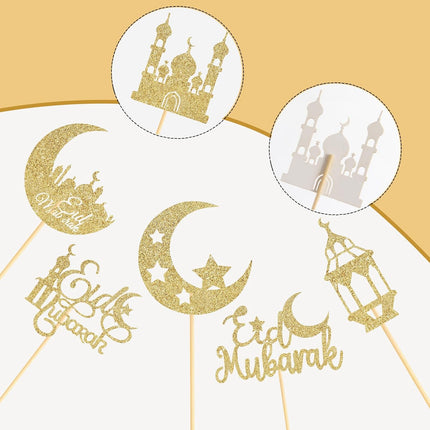 60PCS Eid Mubarak Cupcake Toppers Glitter Moon Star Ramadan Party Decor