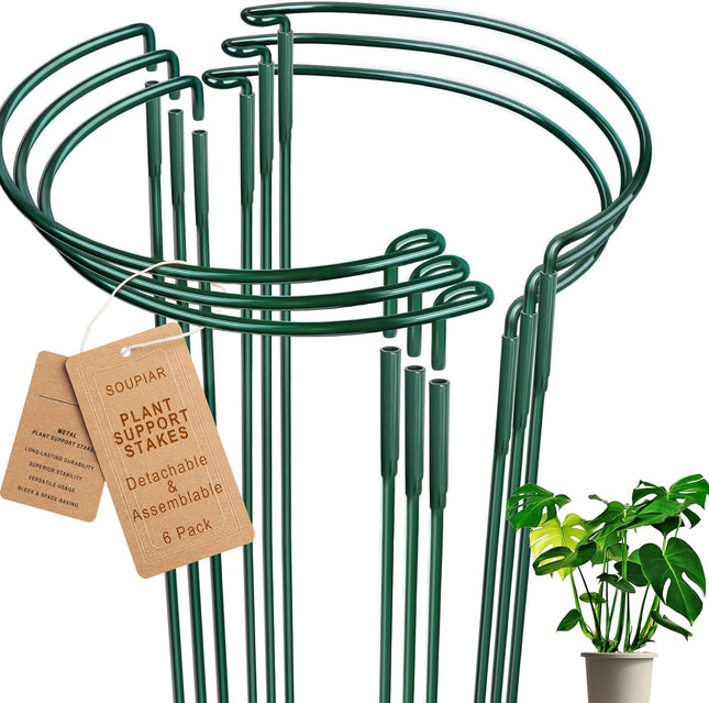 6 Pack Plant Support Stakes – Detachable Metal Rings for Tomatoes & Monstera (10" W x 16" H)