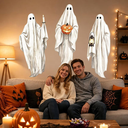 3-Sheet Extra Large Halloween Ghost Wall Stickers, Vintage White Floating Ghost Decals