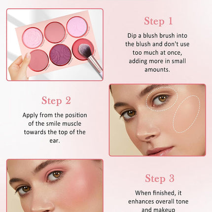 6-Color Blush Palette, High-Pigment Matte Powder Blush & Contour with Brush