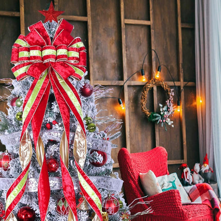 Christmas Tree Topper Wreath Bow Red Green Velvet 52"x13" Xmas Decor