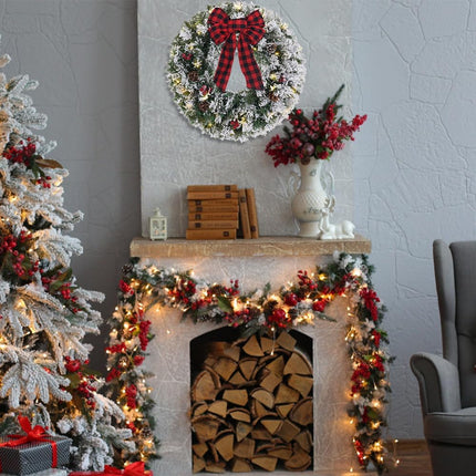 2FT Snowy Flocked Christmas Wreath with LED Lights, Bow, Pinecones, Indoor/Outdoor