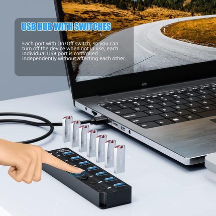 7 Port USB 3.0 Hub with 3FT Cable LED Switches for Laptop PC PS4 PS5