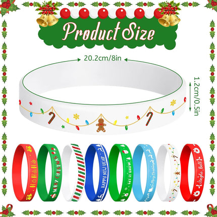 24PCS Christmas Silicone Bracelets, 8 Styles with Xmas Patterns, Rubber Wristbands