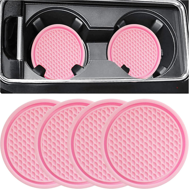 4PCS Car Cup Coasters Pink, Universal Non-Slip Silicone Cup Holder Mats, Auto Decor
