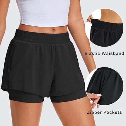 Women's 2 in 1 Running Shorts High Waisted Workout Shorts with Pockets