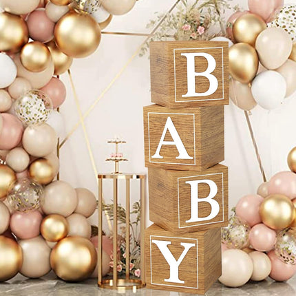 Baby Shower Boxes – 4 Wooden Blocks with BABY Letters, 1st Birthday Balloon Boxes