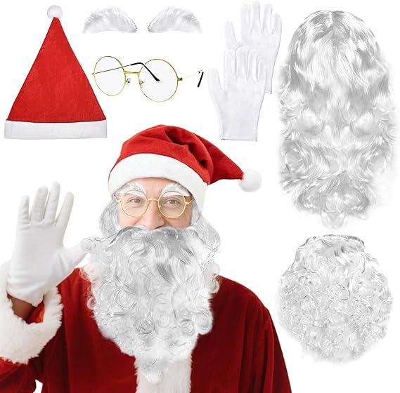 6Pcs Santa Costume Accessory Set – Includes Santa Hats, Wigs, Beards, Eyebrows, Glasses & Gloves
