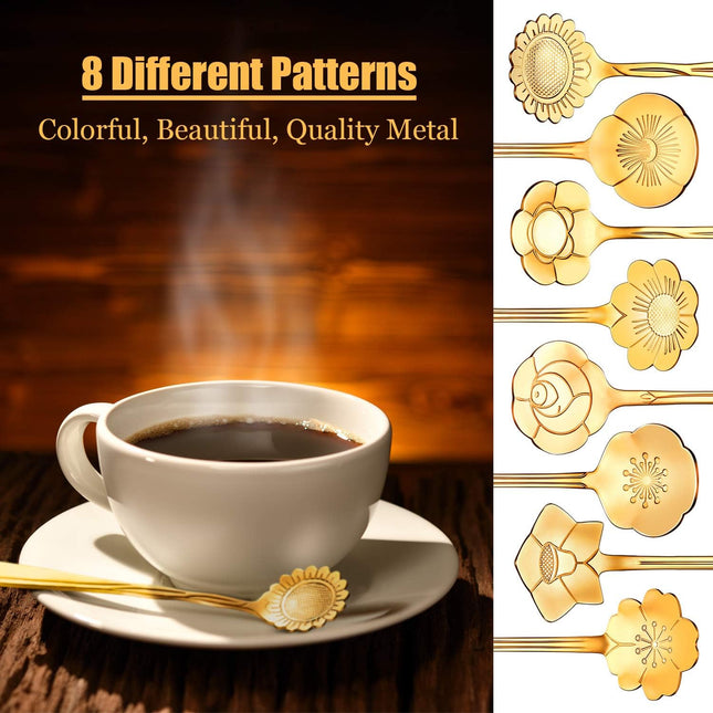 8-Piece Flower Tea & Coffee Spoons – Stainless Steel, Gold, Fancy Patterns