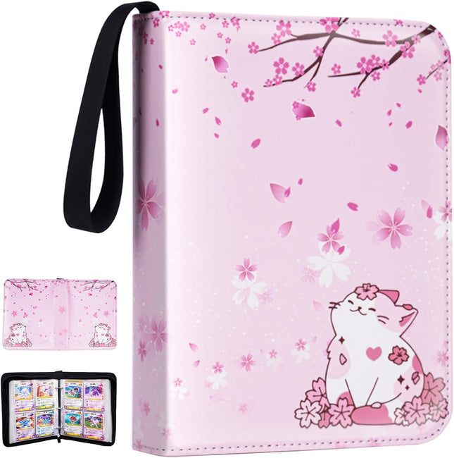 Card Binder for Girls – 440 Cards Capacity, 55 Sleeves, Sakura Cat Design, Trading Card Holder