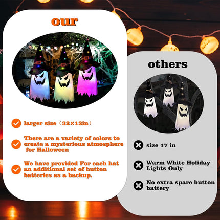 3-Piece Large Lighted Halloween Ghost & Witch Hat Hanging Decor for Yard & Garden