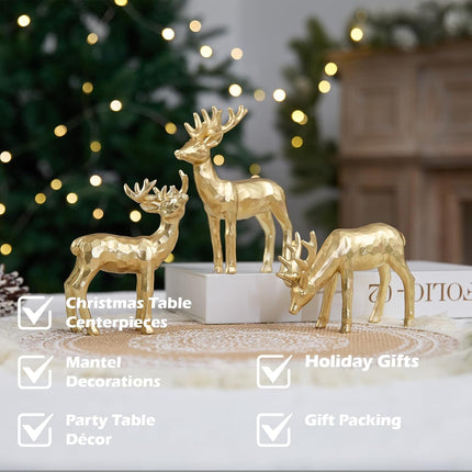 3pcs Decorative Gold Reindeer – Resin Christmas Figurines for Table or Mantle