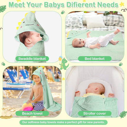 4PCS Baby Bath Towels Set, Dinosaur Hooded Towel & 3 Washcloths, Soft Infant Essentials