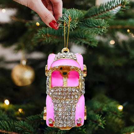 Pink Car Christmas Ornament – Metallic Handmade Design with Rhinestones for Girls