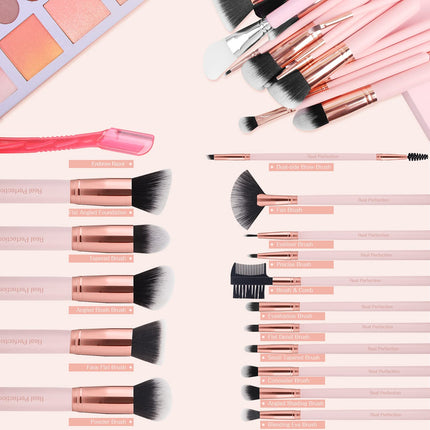 16Pcs Makeup Brush Set with Eyebrow Razor Synthetic Foundation Eyeshadow Blush Pink