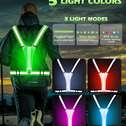 LED Light Up Running Vest High Visibility Reflective Gear Rechargeable 5 Colors