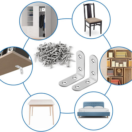 16-Piece Stainless Steel L Bracket Set with 64 Screws, Silver Corner Braces