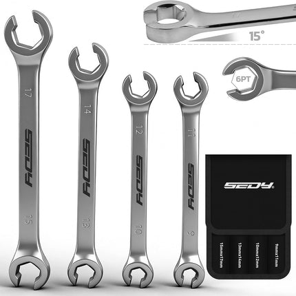 4-Piece Flare Nut Wrench Set, 9-17mm Metric Offset Spanners, CR-V Steel with Pouch