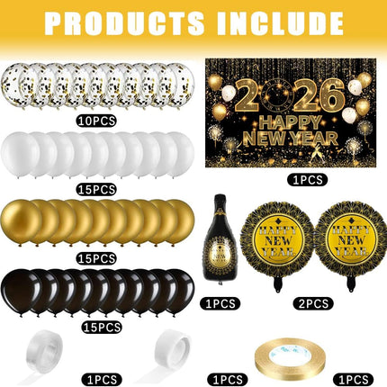 74-Piece New Year 2026 Balloon Arch – Black & Gold NYE Party Decor