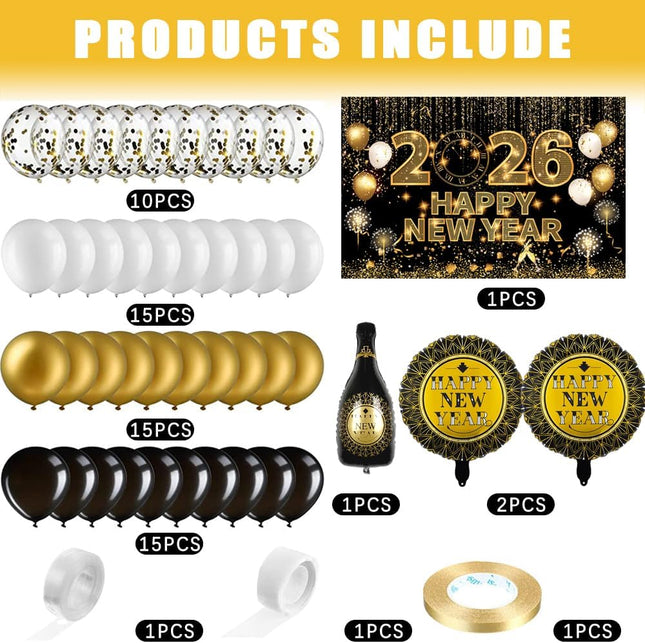 74-Piece New Year 2026 Balloon Arch – Black & Gold NYE Party Decor