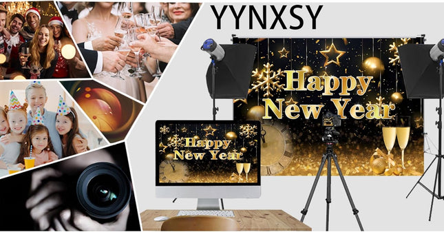 Happy New Year Eve Party Backdrop – Black & Gold Photo Booth Decoration