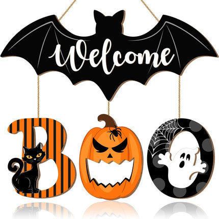 Halloween BOO Door Sign, Wooden Bat Ghost Pumpkin Black Cat Hanging Door Hanger