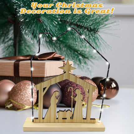 LED Wooden Nativity Scene Set – Holy Family Christmas Figurines Decor