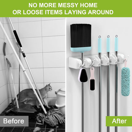 Broom Holder Wall Mount – 5-Position, 6-Hook Mop & Broom Organizer, White