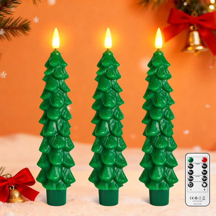 3PCS Green Tree LED Candles – Flameless Wax Christmas Taper Candles for Decor