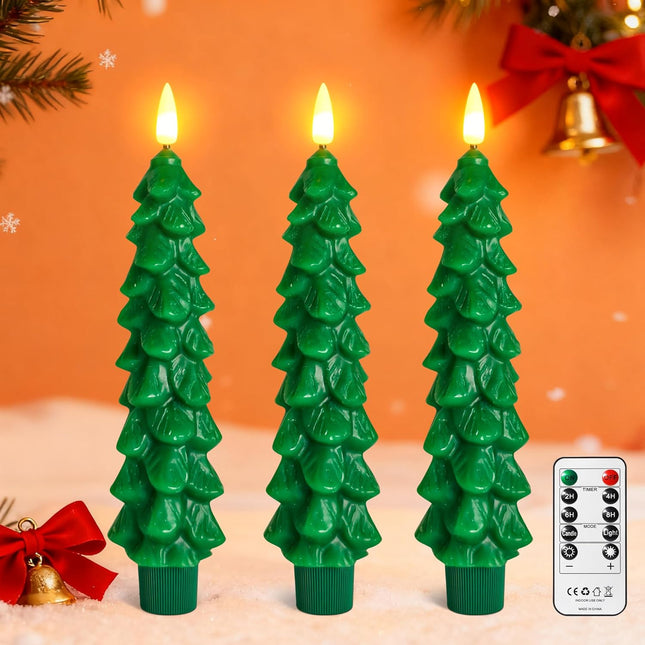 3PCS Green Tree LED Candles – Flameless Wax Christmas Taper Candles for Decor