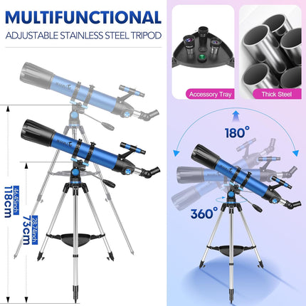 90mm Aperture Telescope for Adults – 800mm Refractor, AZ Mount, Tripod & Carry Bag
