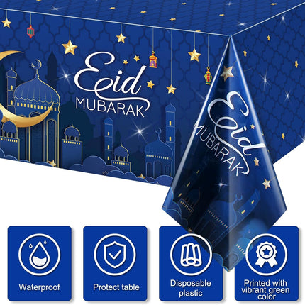 3-Piece Eid Mubarak Tablecloth Set Blue 54x108" Ramadan Party Decor