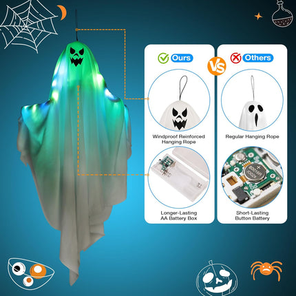 2-Piece Color-Changing Light-Up Hanging Ghosts, Auto-Timer Halloween Yard Decor