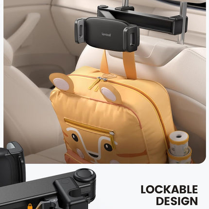Car Headrest Tablet Holder – Lockable, 3-in-1 Extension Arm for 4.7-13” Tablets