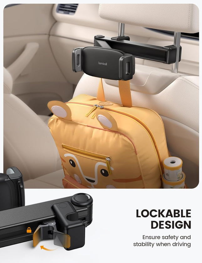 Car Headrest Tablet Holder – Lockable, 3-in-1 Extension Arm for 4.7-13” Tablets