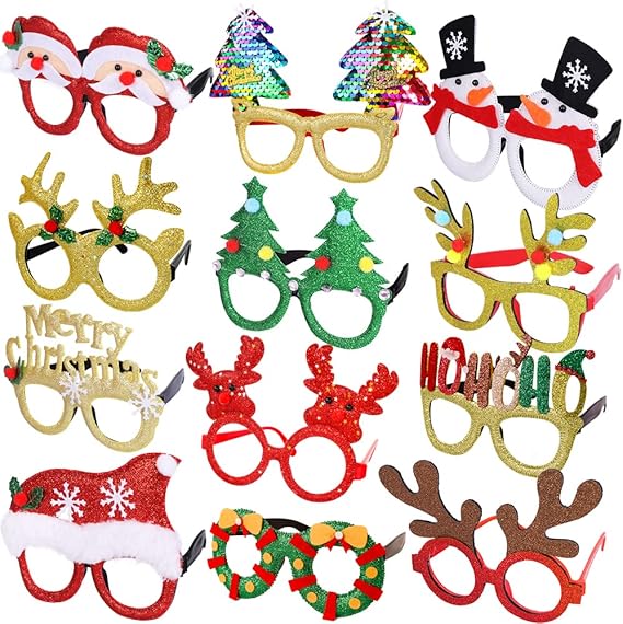 12PCS Glitter Christmas Party Glasses Frames Holiday Costume Accessories