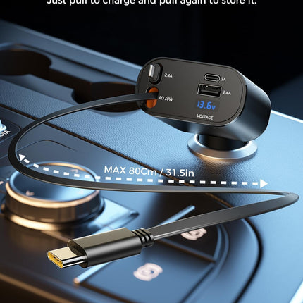 4 in 1 Retractable Car Charger – Fast Charging, USB C & Apple Adapter, 2.6ft Cord