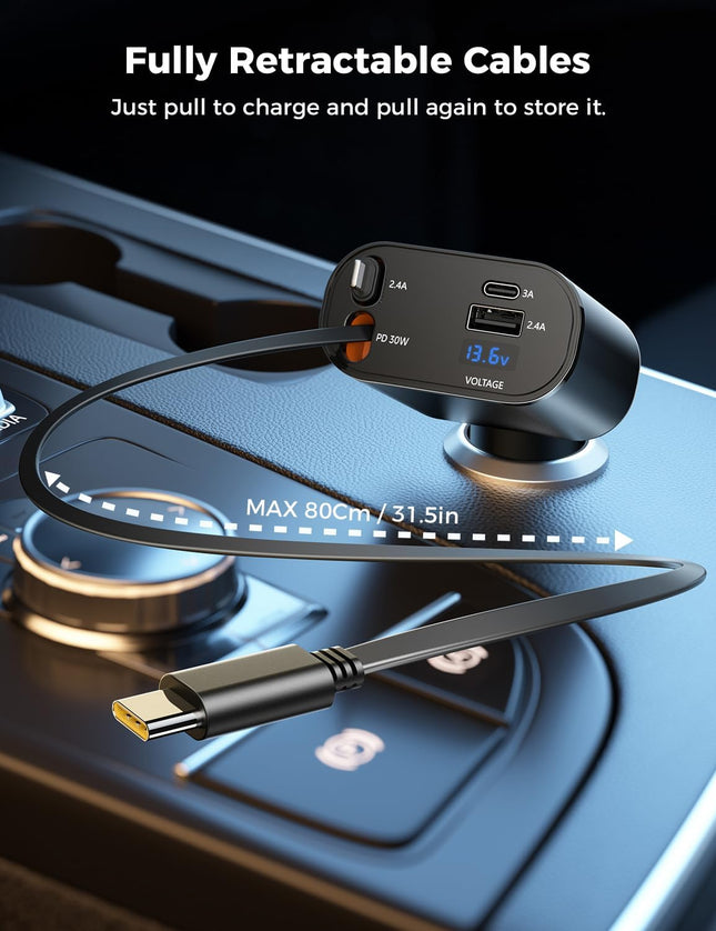4 in 1 Retractable Car Charger – Fast Charging, USB C & Apple Adapter, 2.6ft Cord