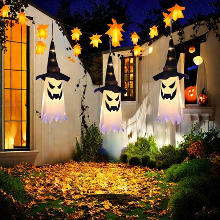 3-Piece 31.5in Halloween Hanging Ghosts, Glowing Witch Hat Decor for Yard & Party