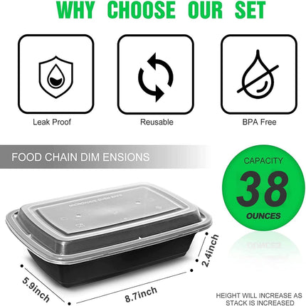 10 Pack 38 oz Meal Prep Containers BPA Free Microwave Safe w/ Lids