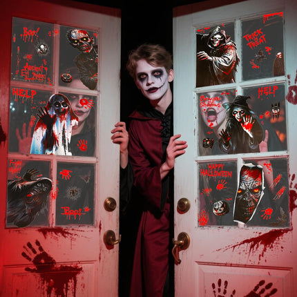 8-Sheet Halloween Bloody Window Clings, Zombie Hand & Footprint Stickers, Spooky Decor