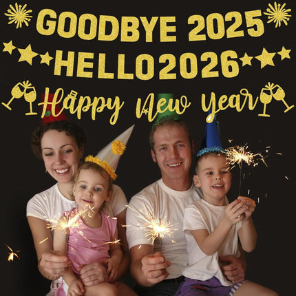 Happy New Year Banner Goodbye 2025 Hello 2026 Gold Glitter Party Decor