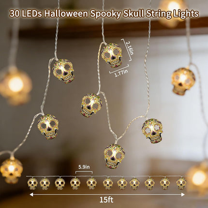 30LED Halloween Skull String Lights, Battery/USB Powered, 2 Modes Indoor Outdoor