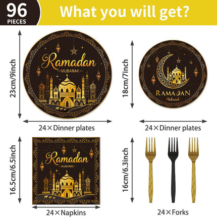 96Pcs Ramadan Party Tableware Set – Eid Mubarak Plates, Napkins, Forks, Serves 24